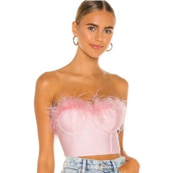 superdown Tops - superdown Pink Feather Trim Strapless Crop Top